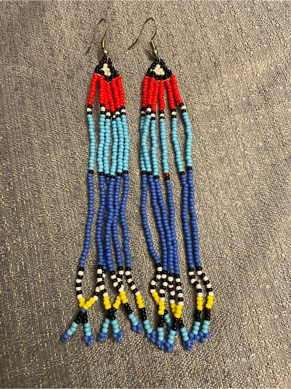 Handmade Multicolor Beaded Fringe Earrings – Blue, Red & Yellow - Picture 2 of 5